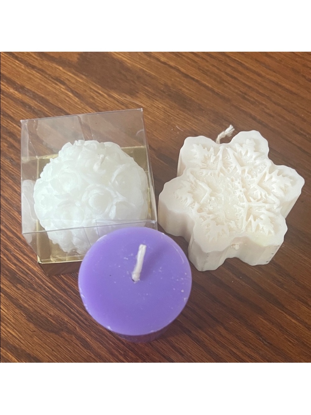 Lot of Decorative Candles (3) • White & Purple • Star, Snowball, Cylinder Shape